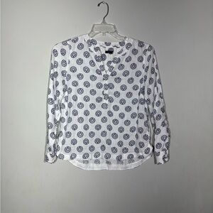 Talbots Linen Shirt Medium Petite White Blue Floral Roll Tab Top